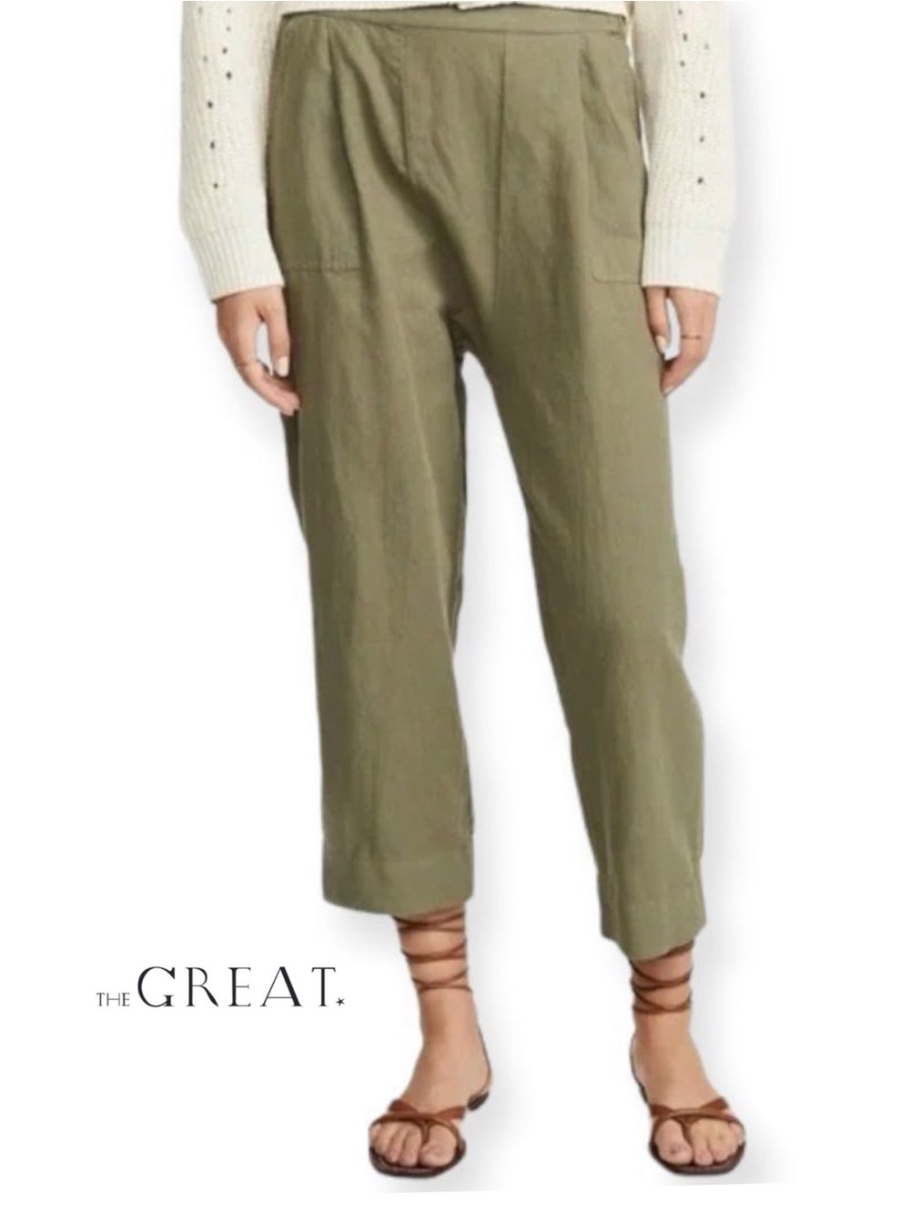 THE GREAT. Linen Cotton Drop Crotch Harem Pants Army Green Size 1 US S